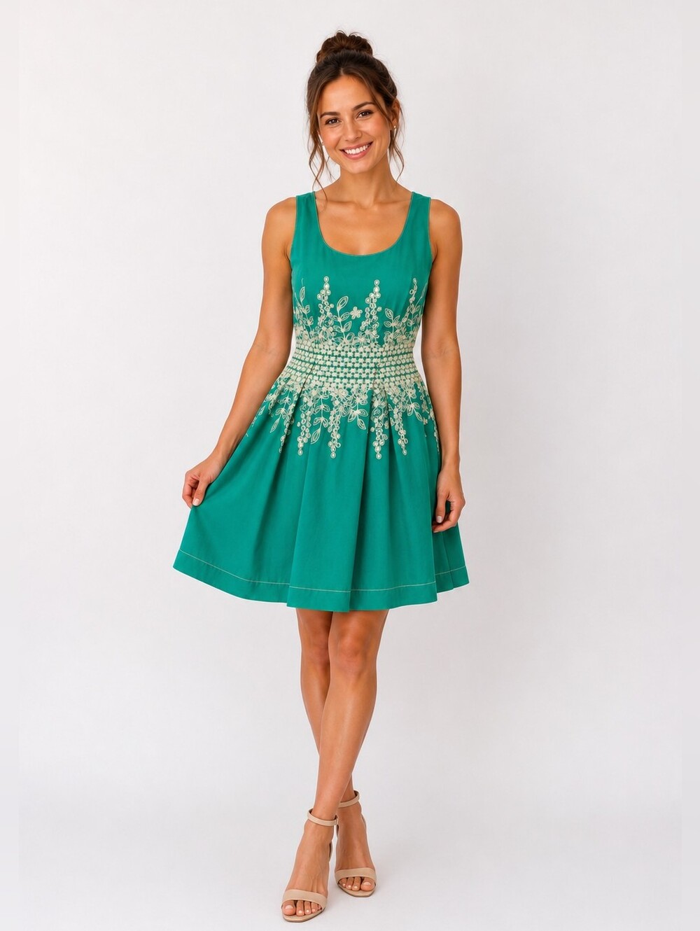 Max Studio MSSP Embroidered Fit & Flare Dress | Green Sleeveless Dress M NWT